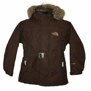 North Face Hyvent Girls Down Jacket Brown Faux Fur Trim Hooded Belt Zip Small